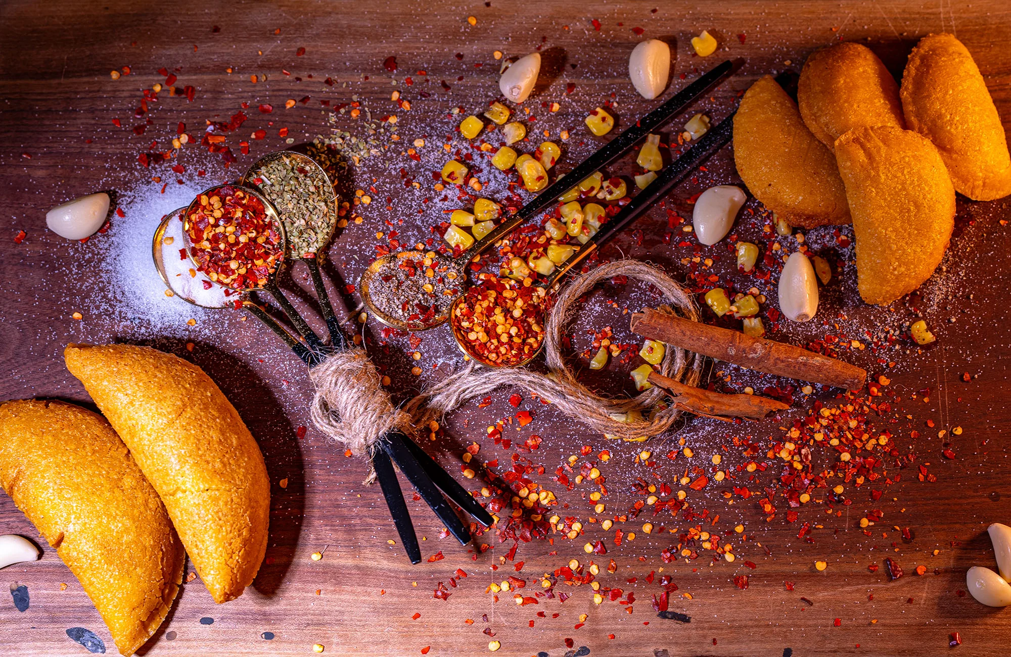 Golden empanadas with spices and herbs on a rustic wooden table