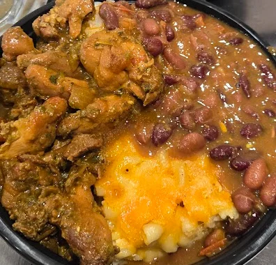 Jamaican curry chicken with rice and beans