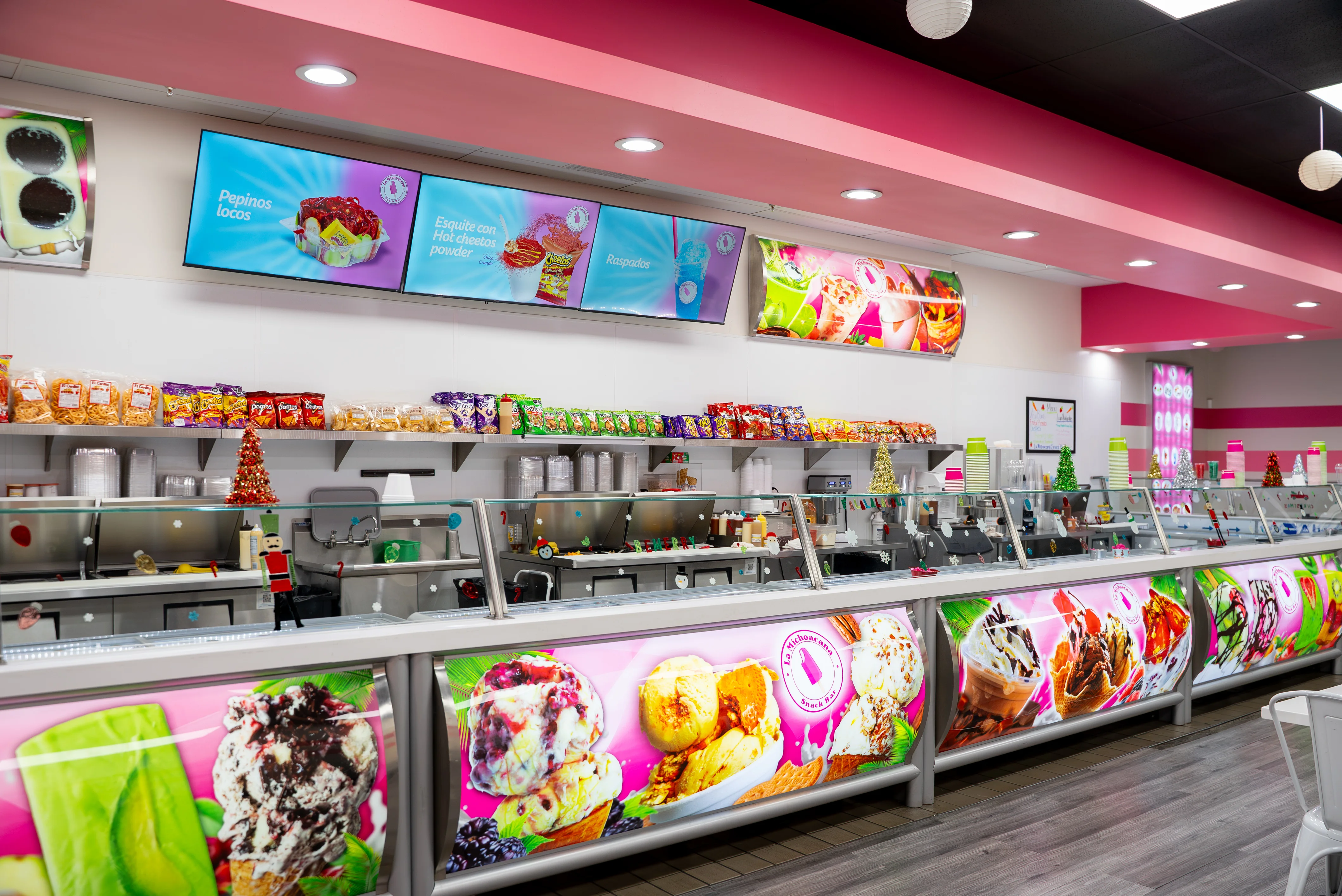 Colorful ice cream shop interior with vibrant displays