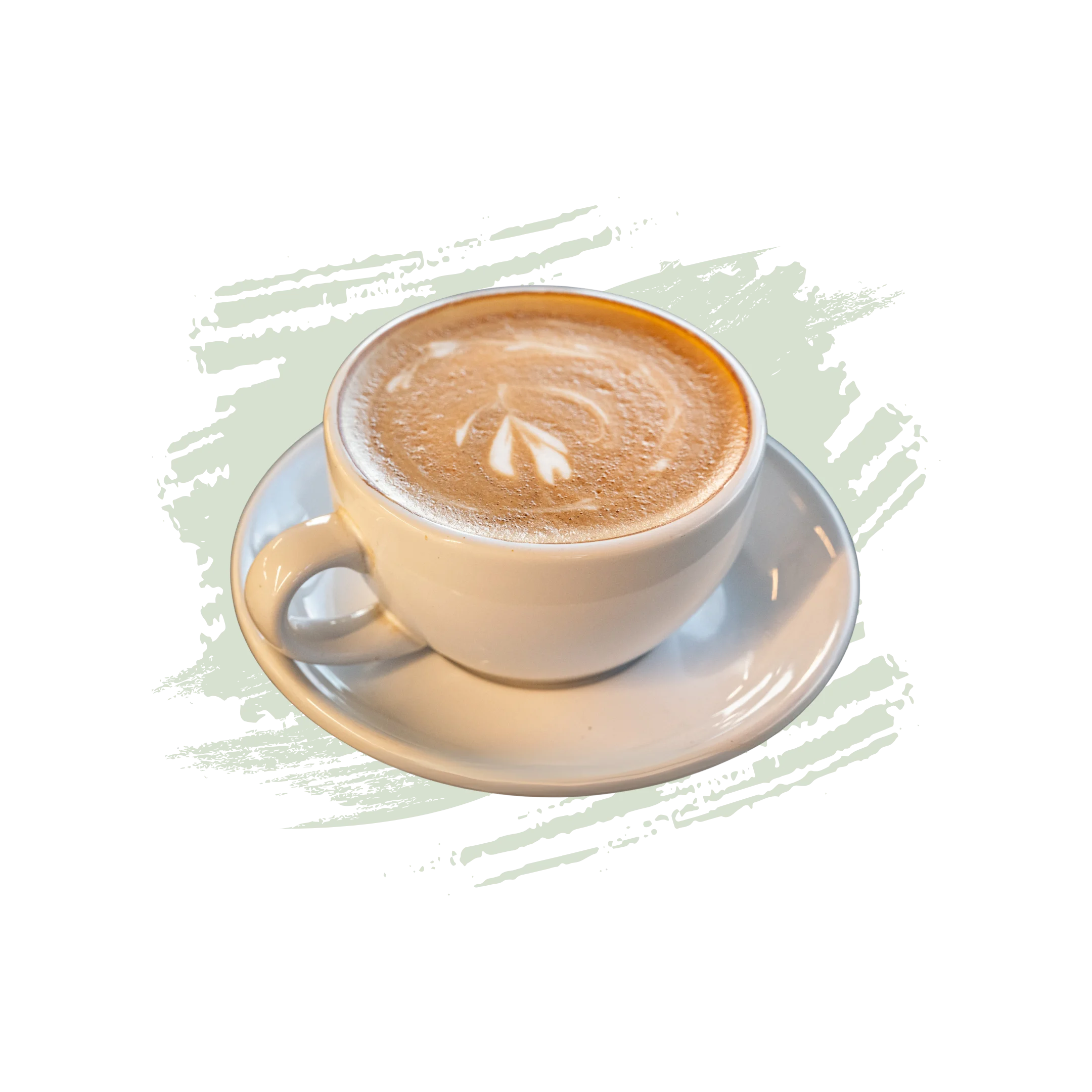 Artisan latte with intricate foam art in a white cup