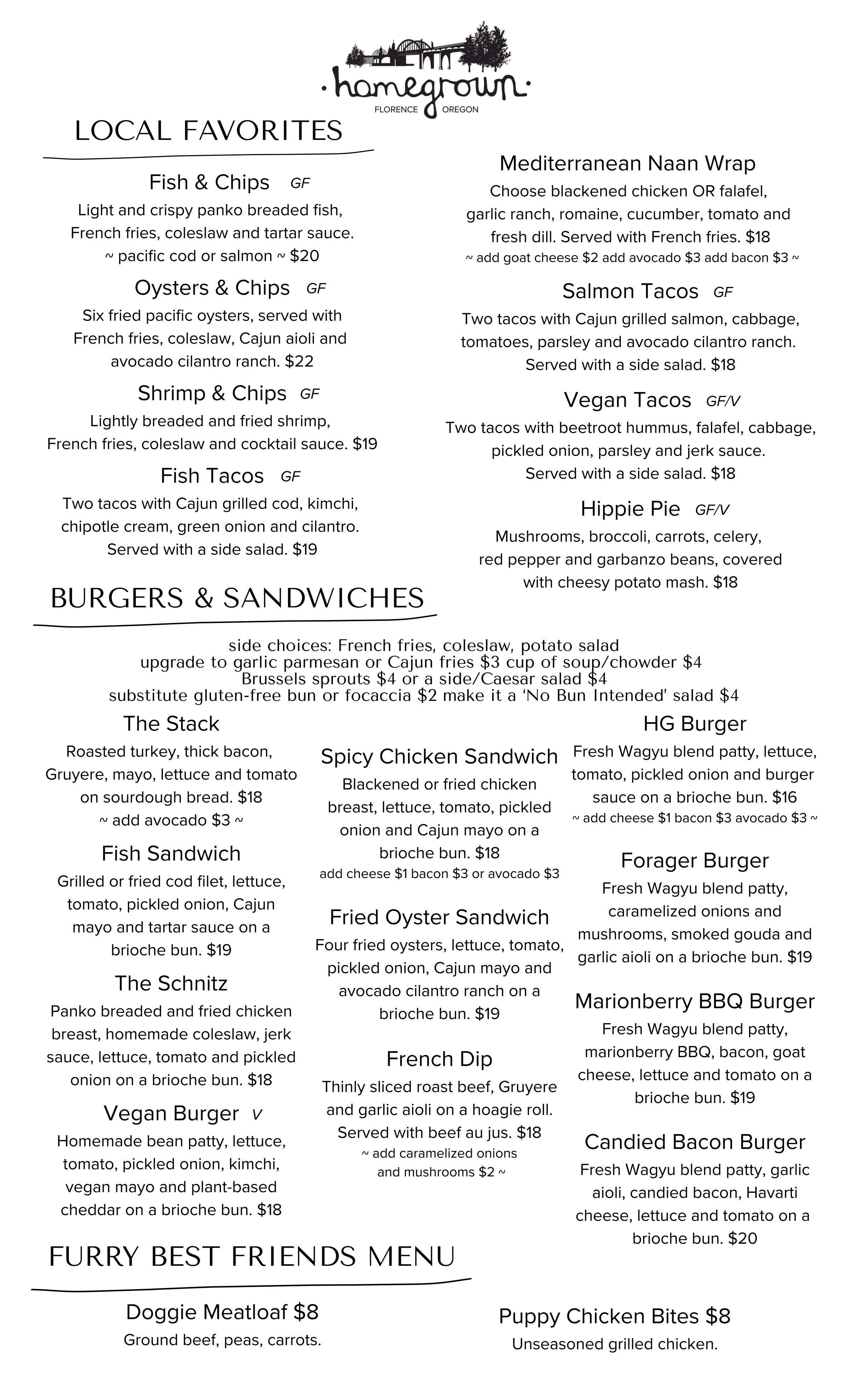 Menu featuring local favorites and sandwiches at a cozy restaurant