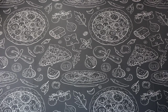 Chalkboard design featuring various pizzas and Italian ingredients