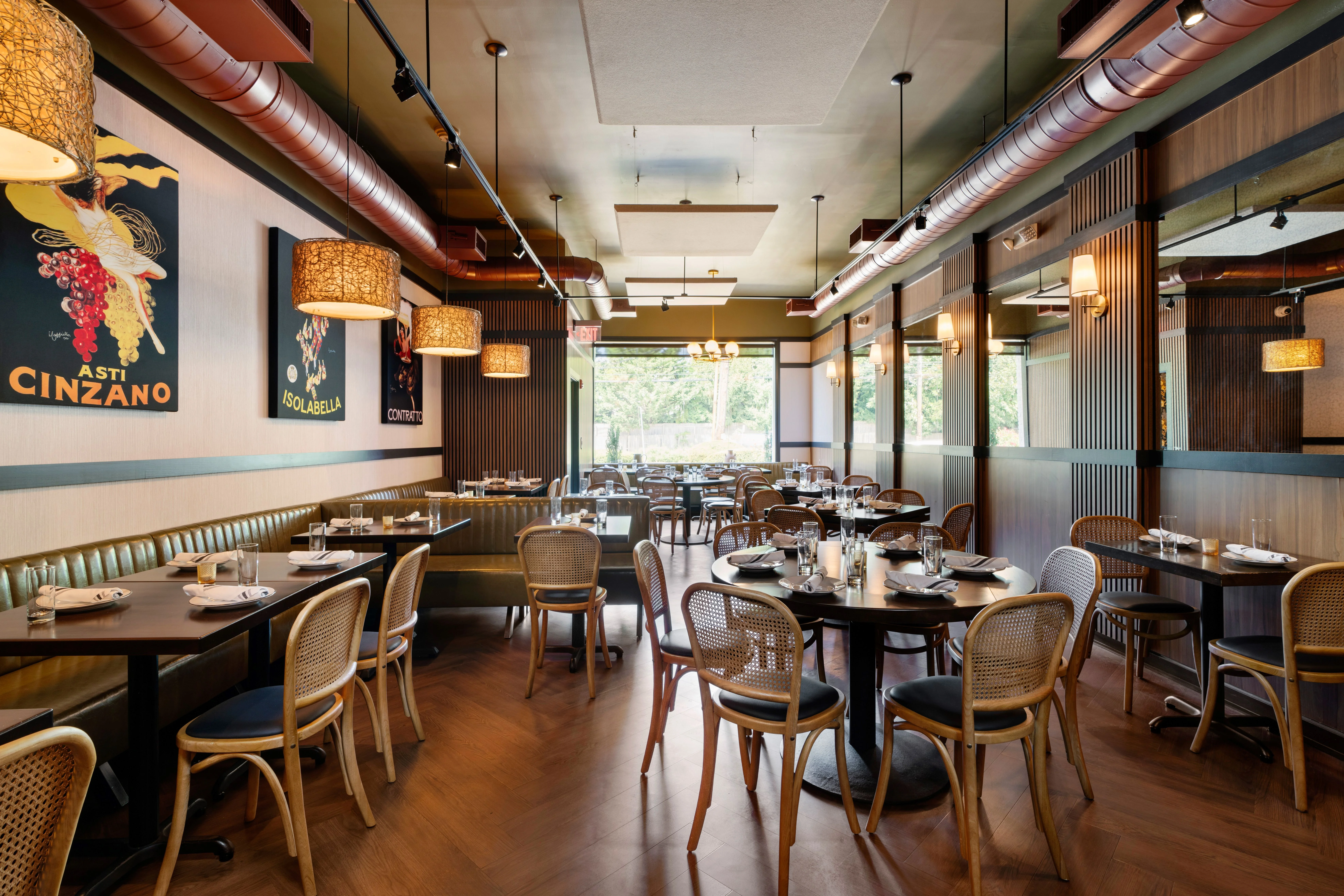 Stylish restaurant interior with modern decor and warm lighting