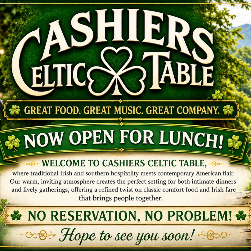 Cashiers Celtic Table restaurant banner with live music and Guinness beer.