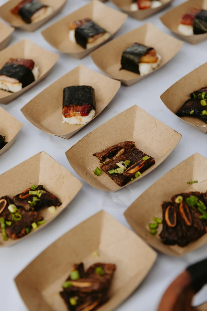 Japanese sushi nigiri with grilled meat and seaweed