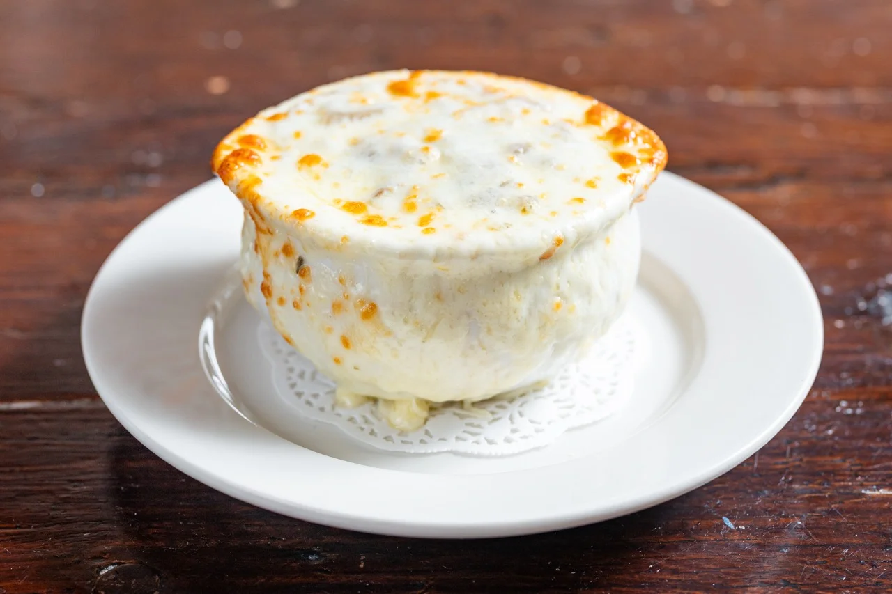 French onion soup topped with melted cheese