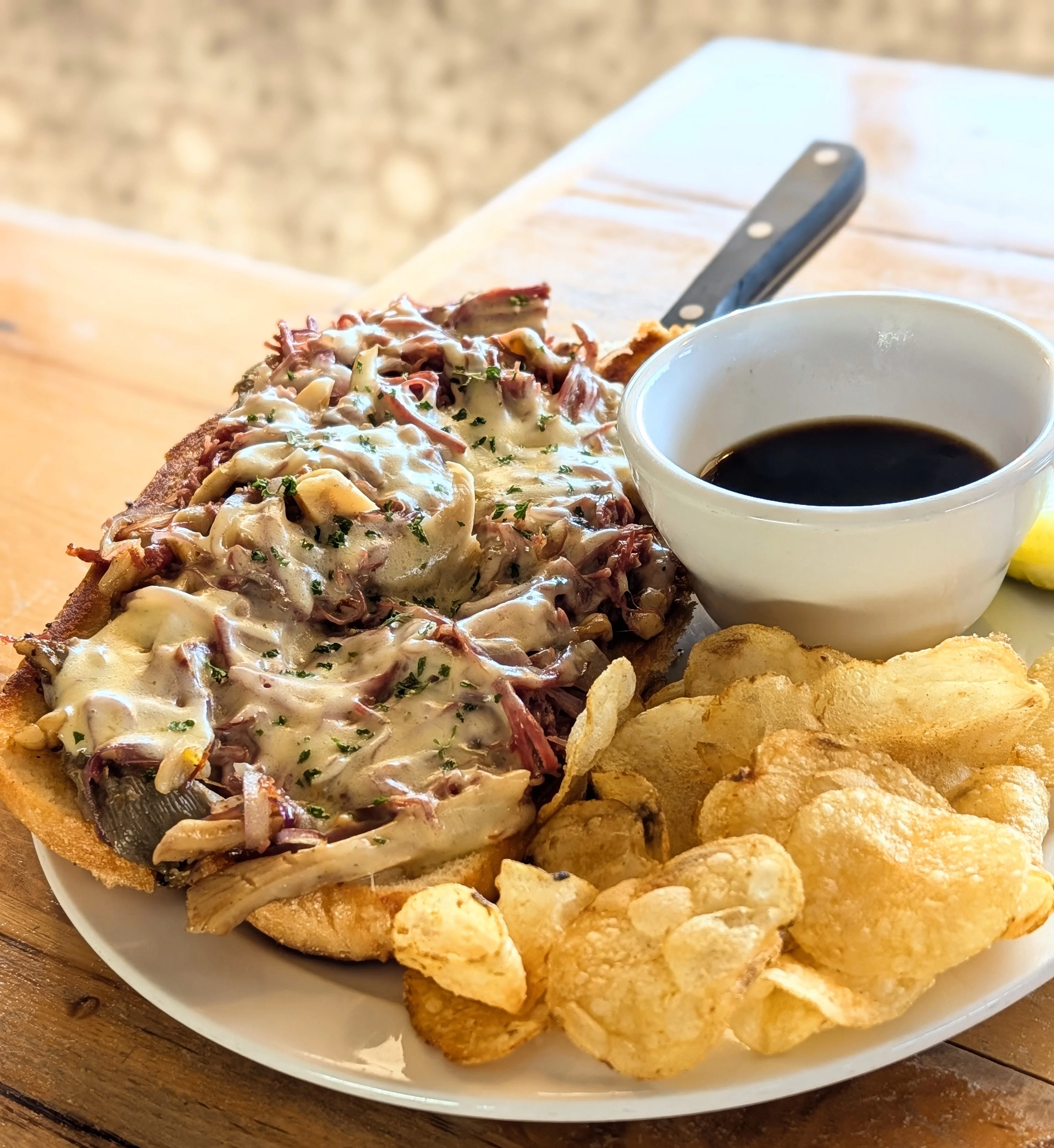 Delicious Irish Dip with low braised corned beef brisket and local mushrooms