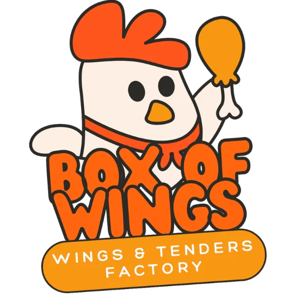 Colorful Wings & Tenders Factory restaurant logo with cartoon chicken