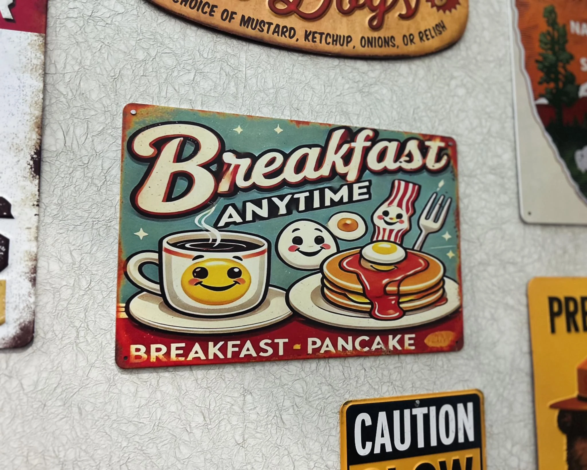 Vintage breakfast sign featuring pancakes and coffee