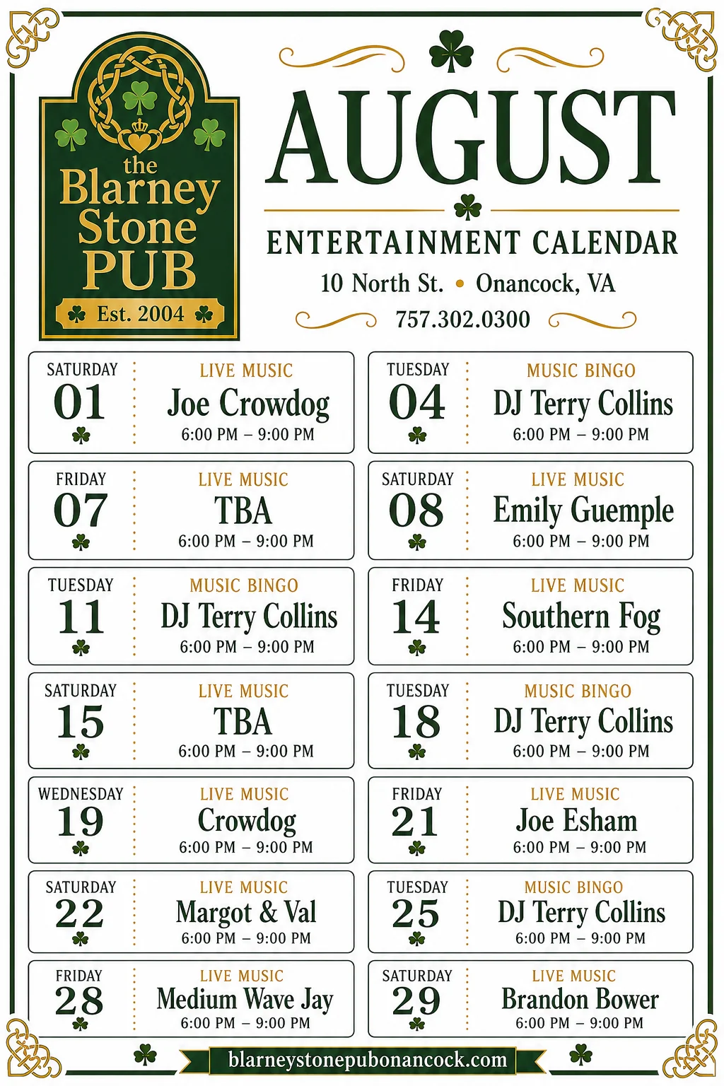 February entertainment schedule for a restaurant featuring live music and events.