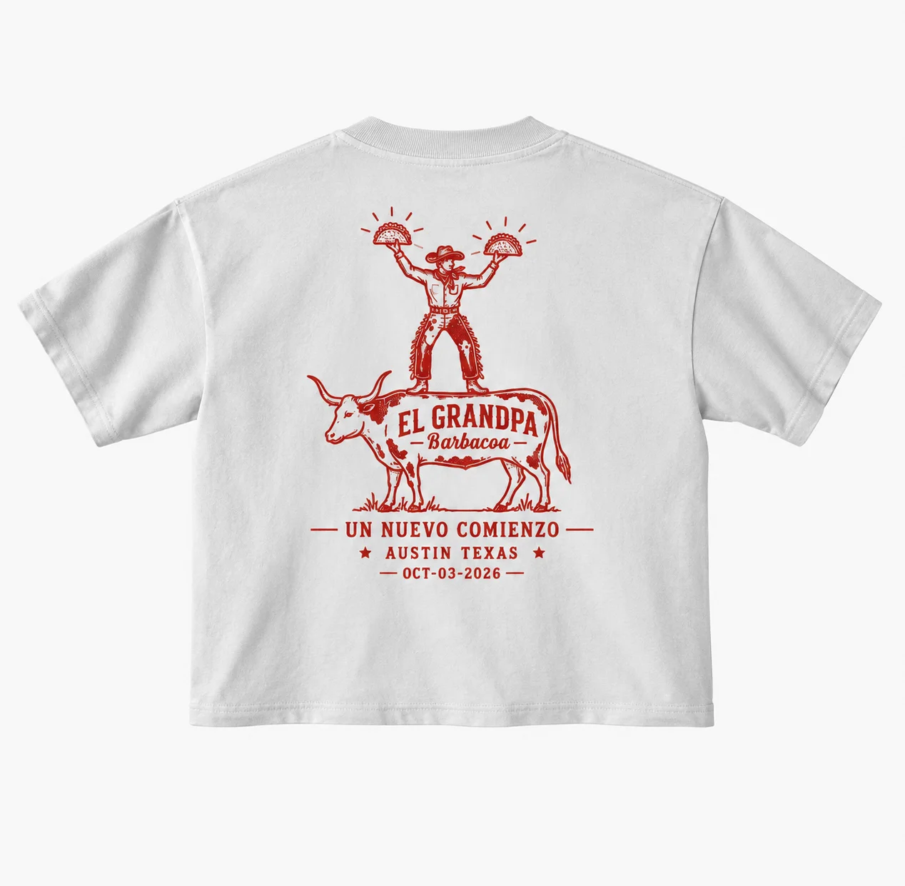 Vintage graphic of a cowboy with tacos on a cow for a restaurant shirt