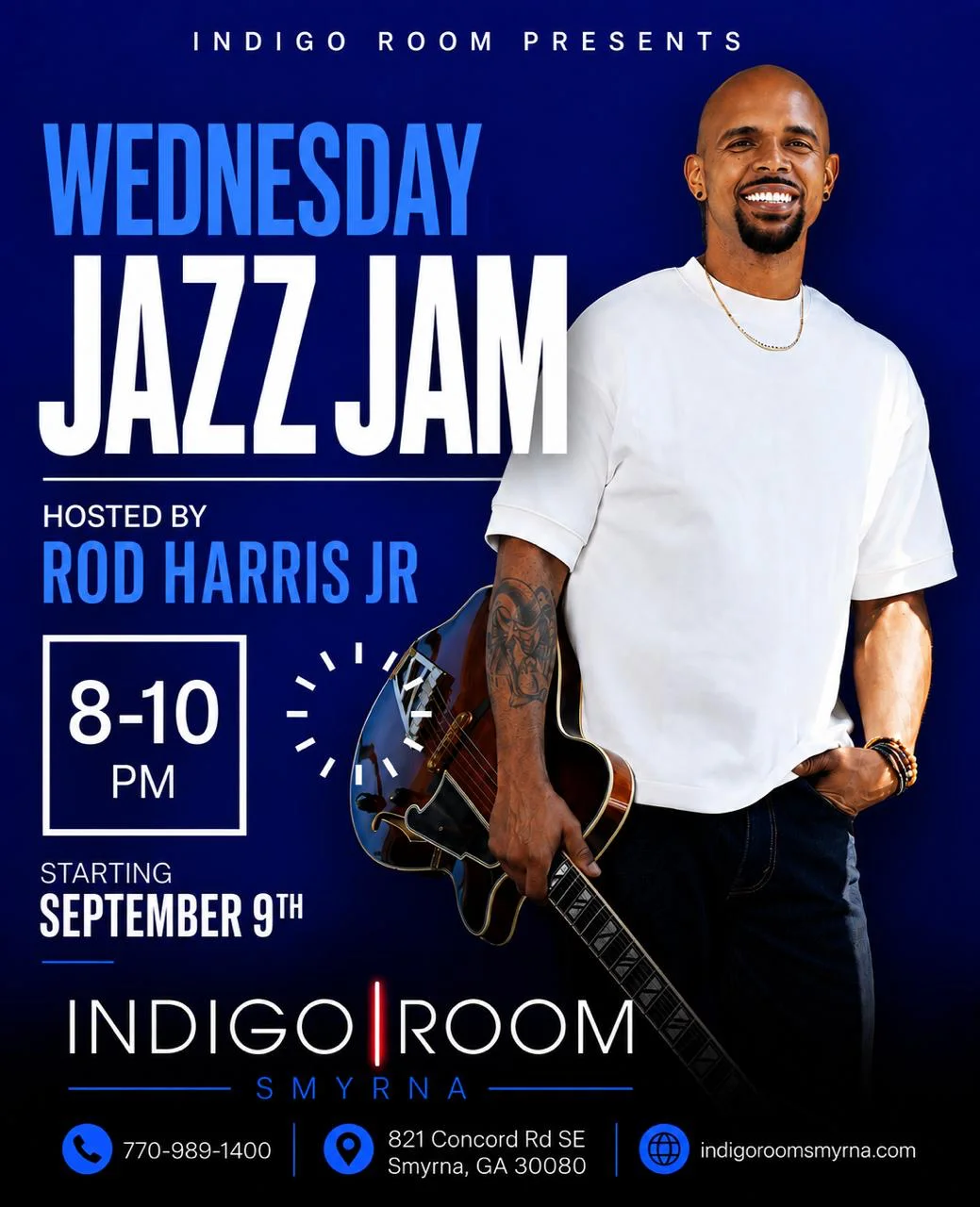 Jazz jam session at Indigo Room with musicians and instruments