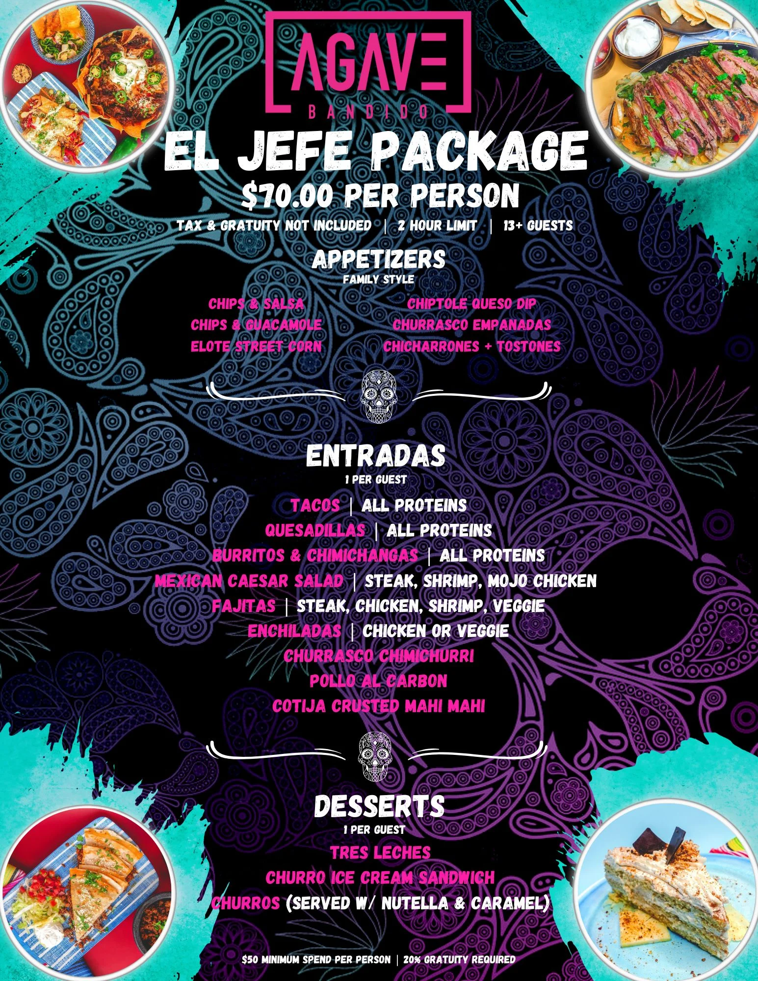 Mexican El Jefe package menu featuring tacos, quesadillas, and desserts