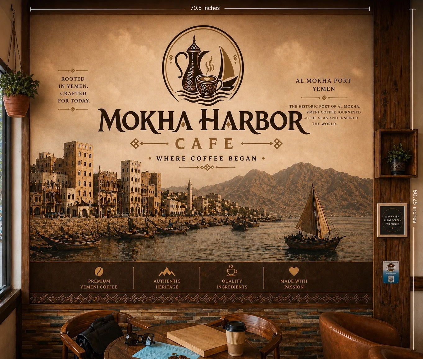 Mokha Harbor Cafe mural showcasing Yemeni coffee heritage and scenic port view.