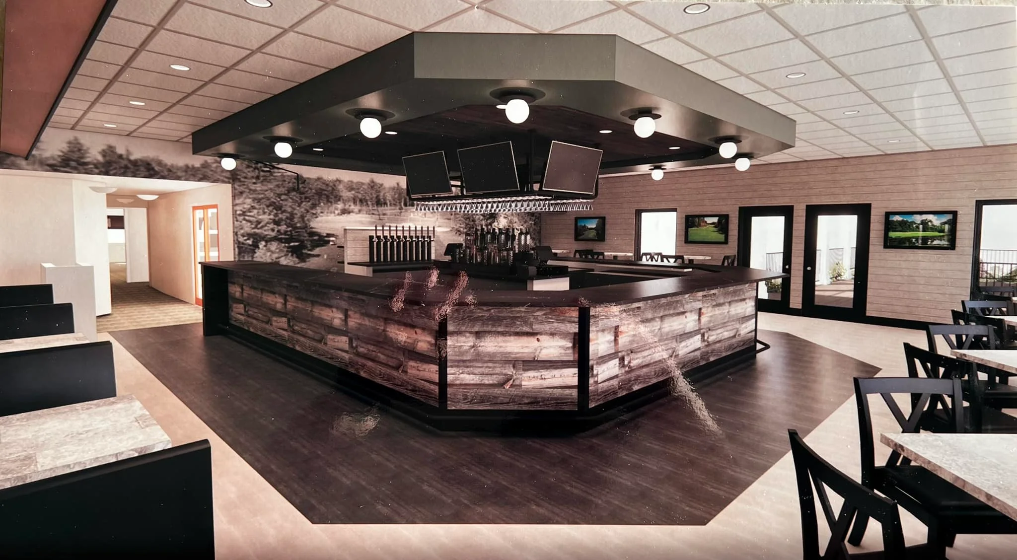 Modern restaurant interior with a stylish bar and seating area