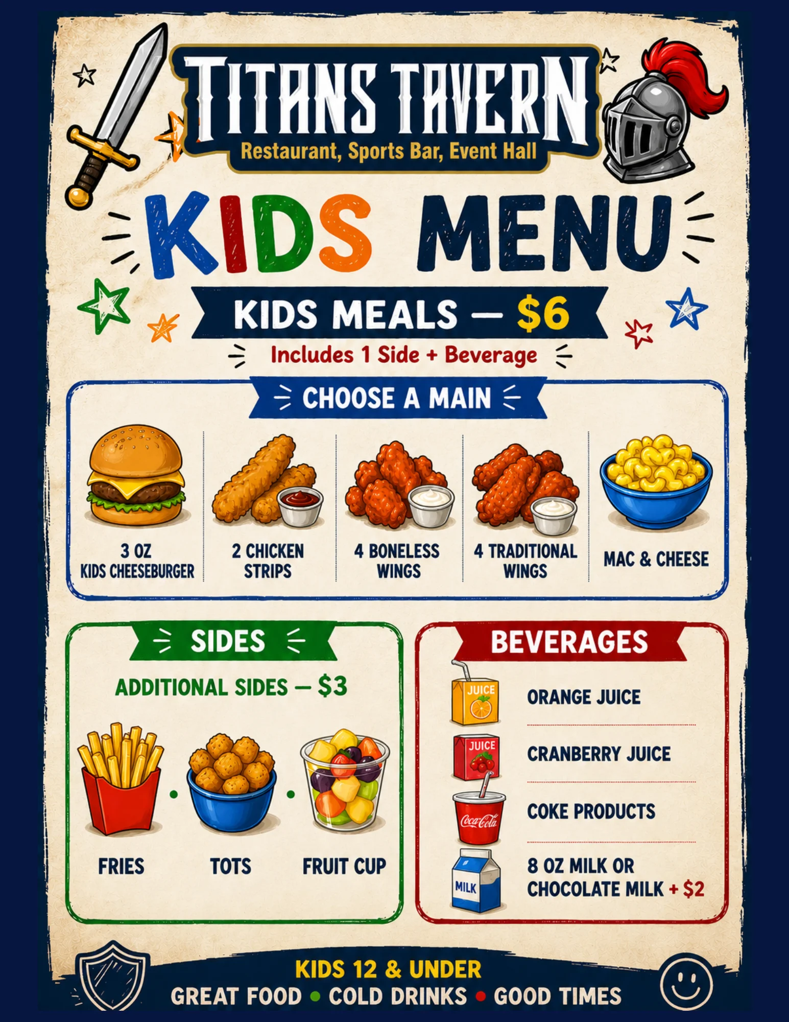 Kids menu from Titans Tavern featuring meals, sides, and beverages.