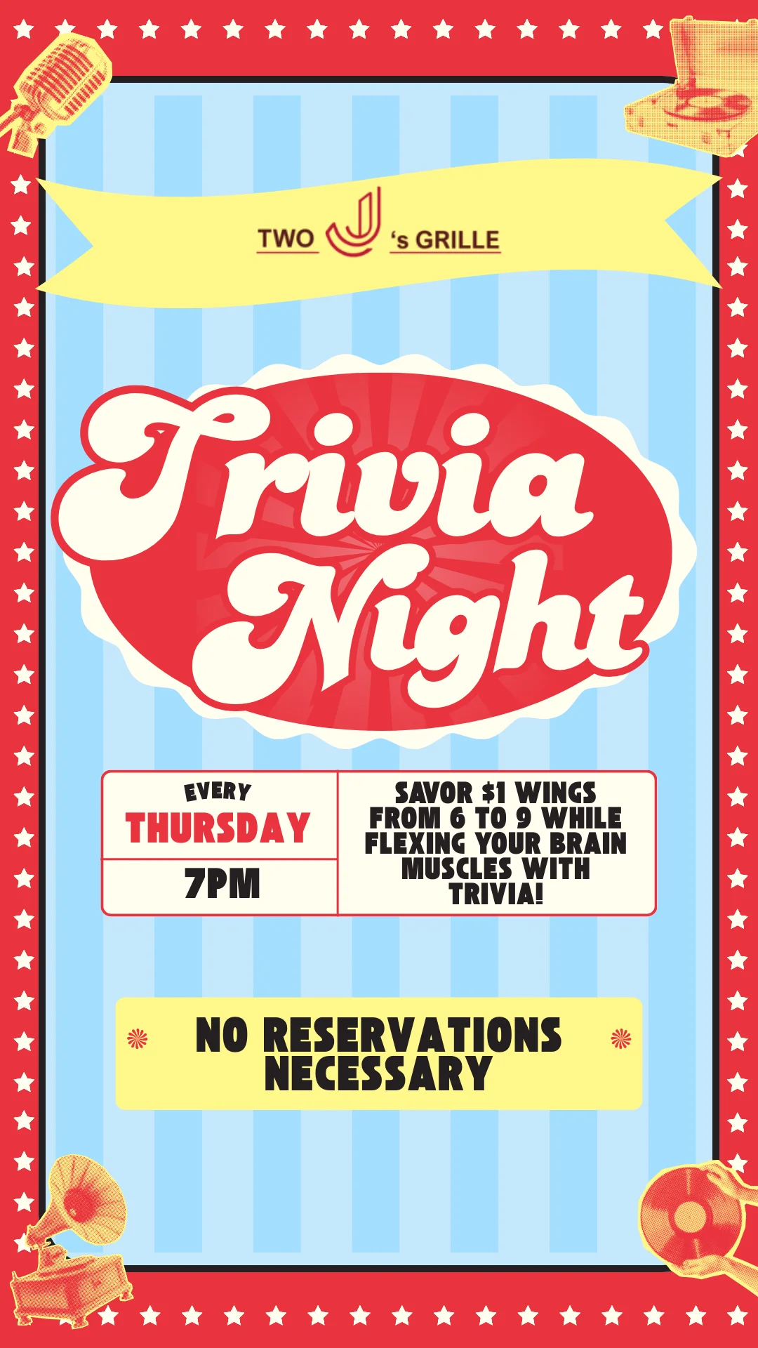 Trivia night poster featuring $1 wings and fun activities
