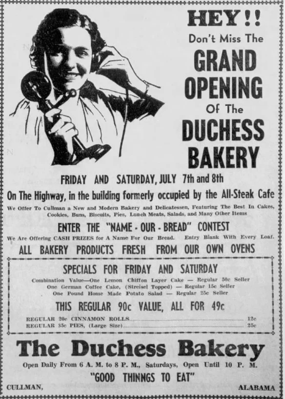 Vintage advertisement for a bakery grand opening