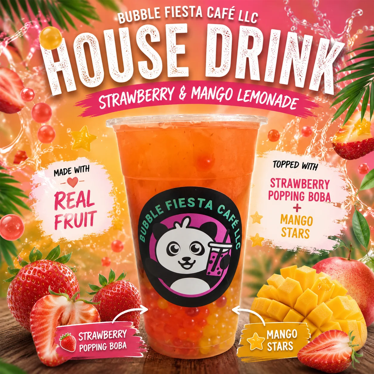 Refreshing strawberry mango lemonade with boba