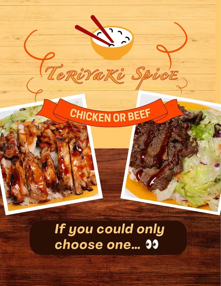 A menu graphic displaying two delicious dishes, one featuring chicken and the other beef, with a playful prompt.