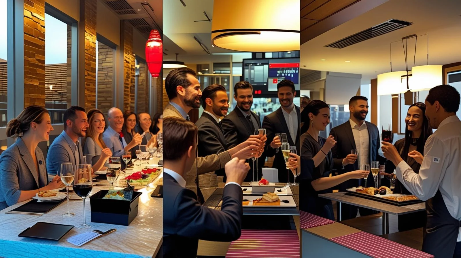 Elegant dining experience with guests toasting in a modern restaurant