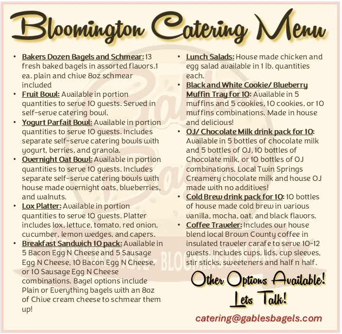 Catering menu featuring assorted bagels and breakfast options