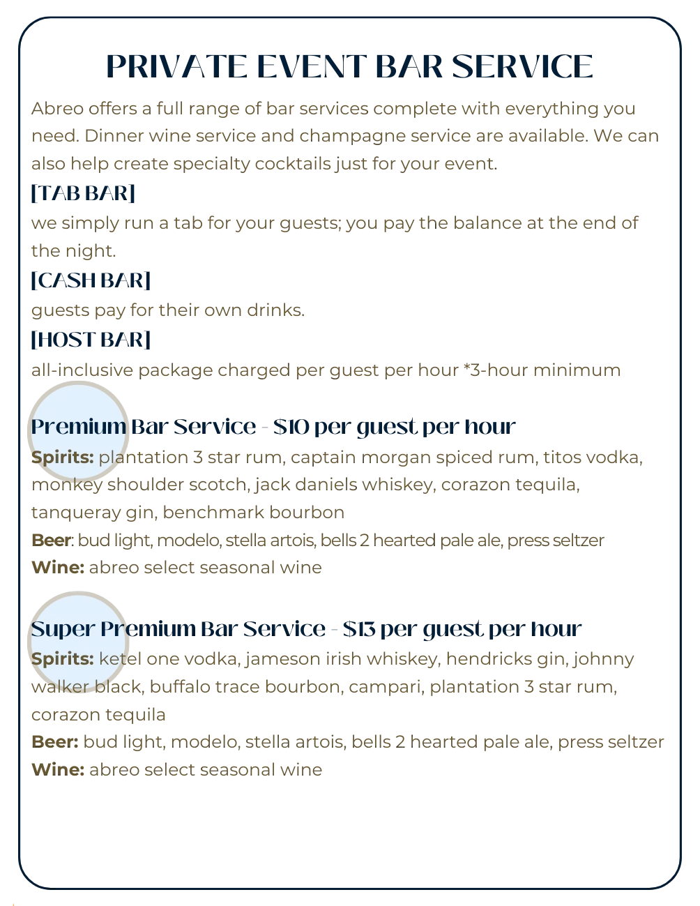 Private event bar service menu with pricing options