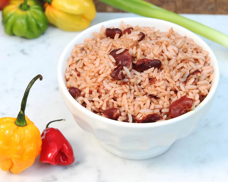 Bowl of Caribbean rice and peas with kidney beans