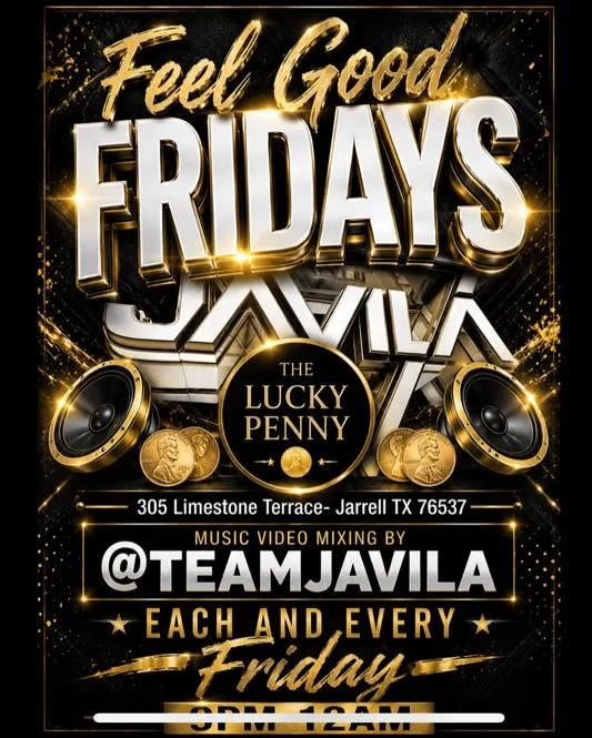 Promotional graphic for 'Feel Good Fridays' at The Lucky Penny, featuring DJ mixing and event details.