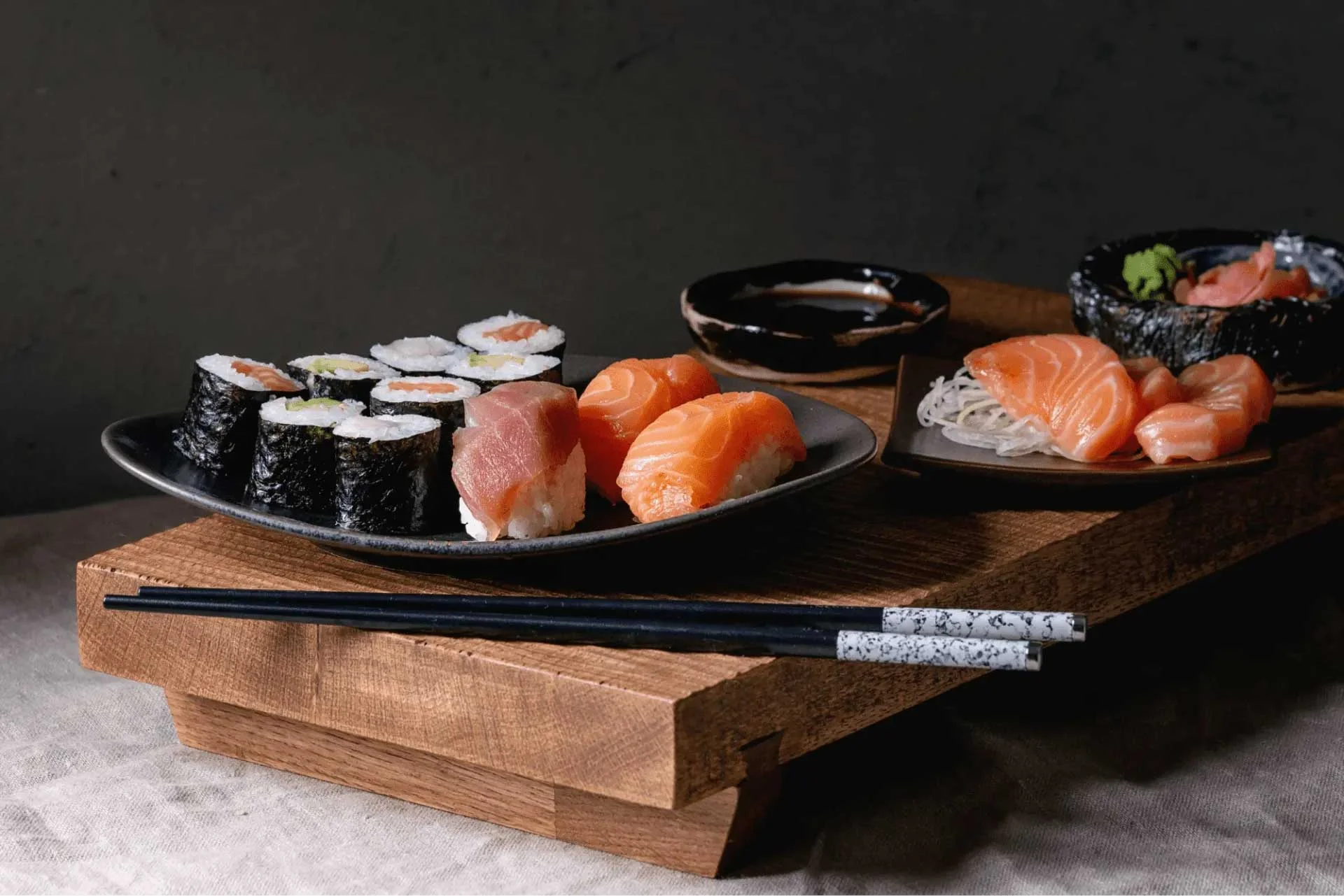 Assorted sushi platter featuring nigiri and maki rolls