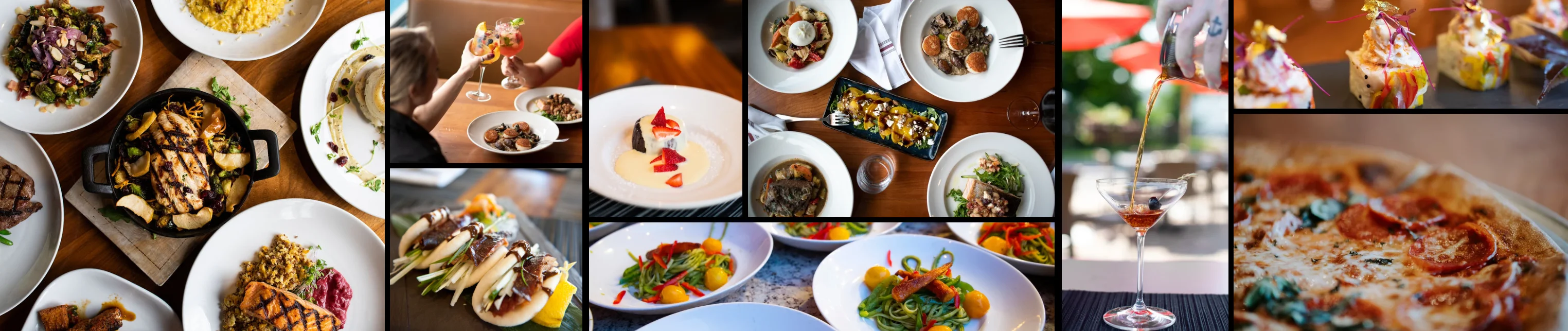 Assorted gourmet dishes in a vibrant restaurant setting