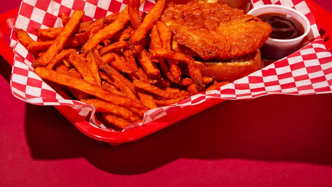 Southern fried chicken sandwich with sweet potato fries