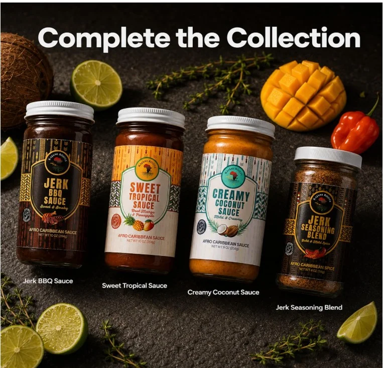 Assortment of Afro Caribbean sauces and spices