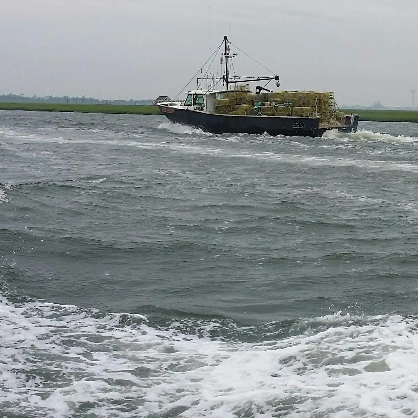 A fishing boat in the water, carrying lobster traps on its deck.