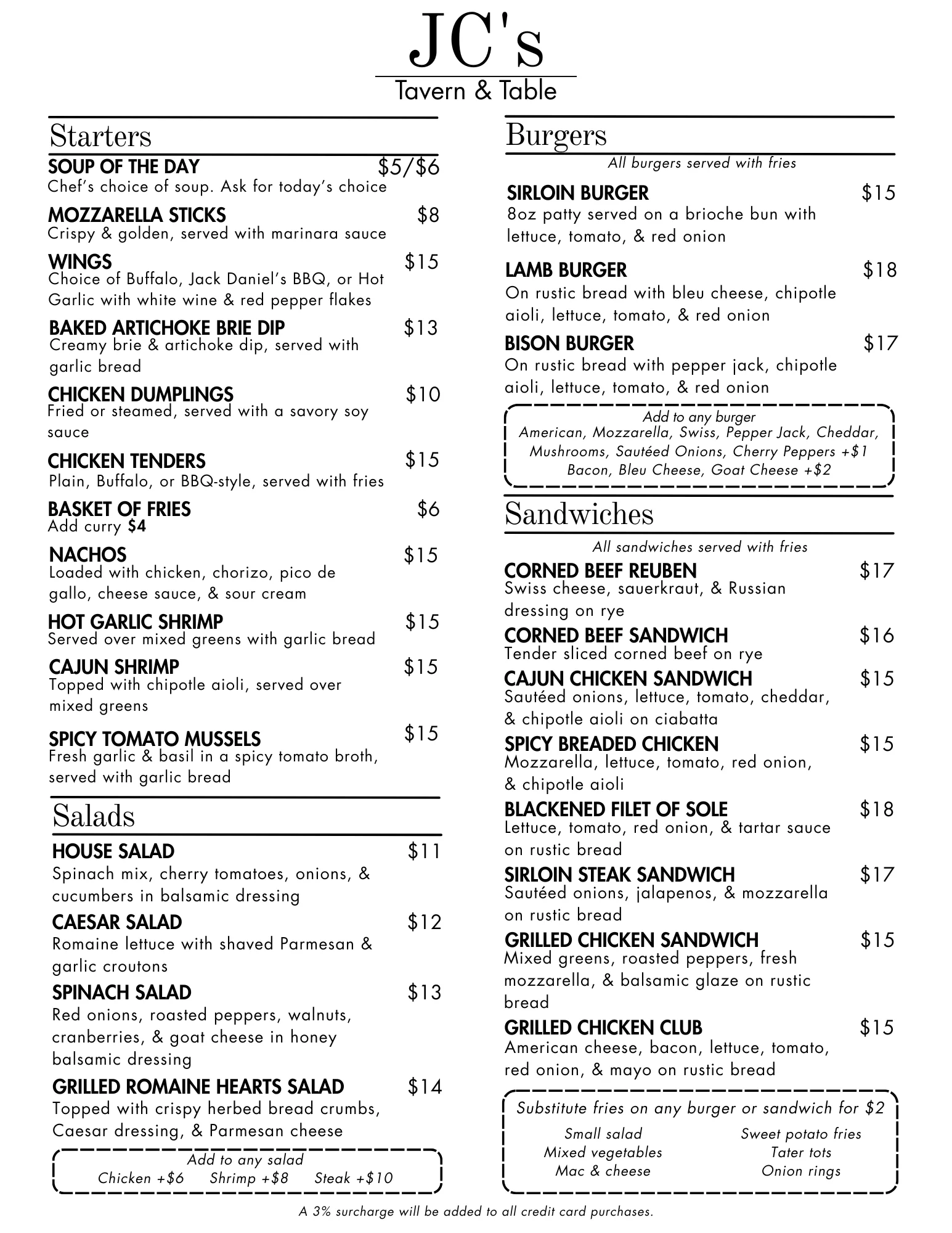 Menu from JC's Tavern & Table featuring burgers, starters, and salads