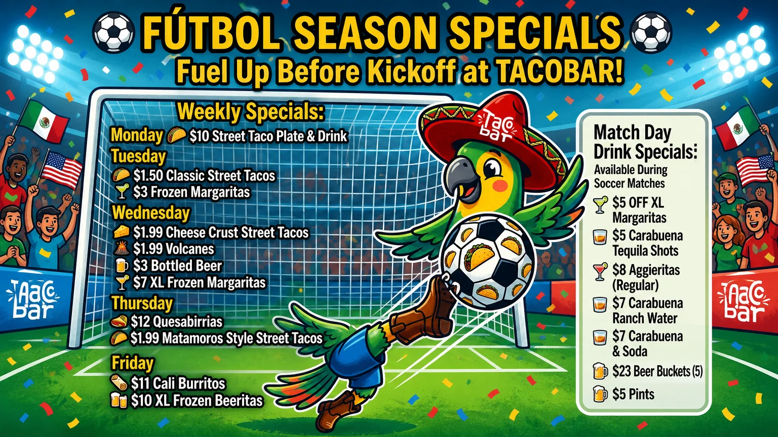 Fútbol season specials at a vibrant taco bar with colorful decor
