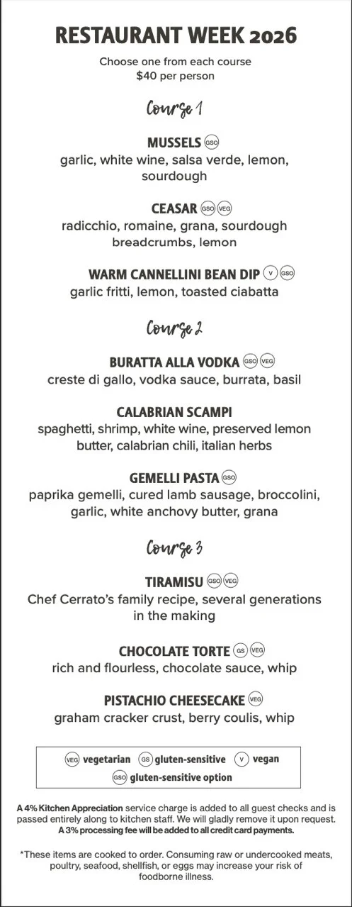 Restaurant Week menu featuring Italian dishes and desserts