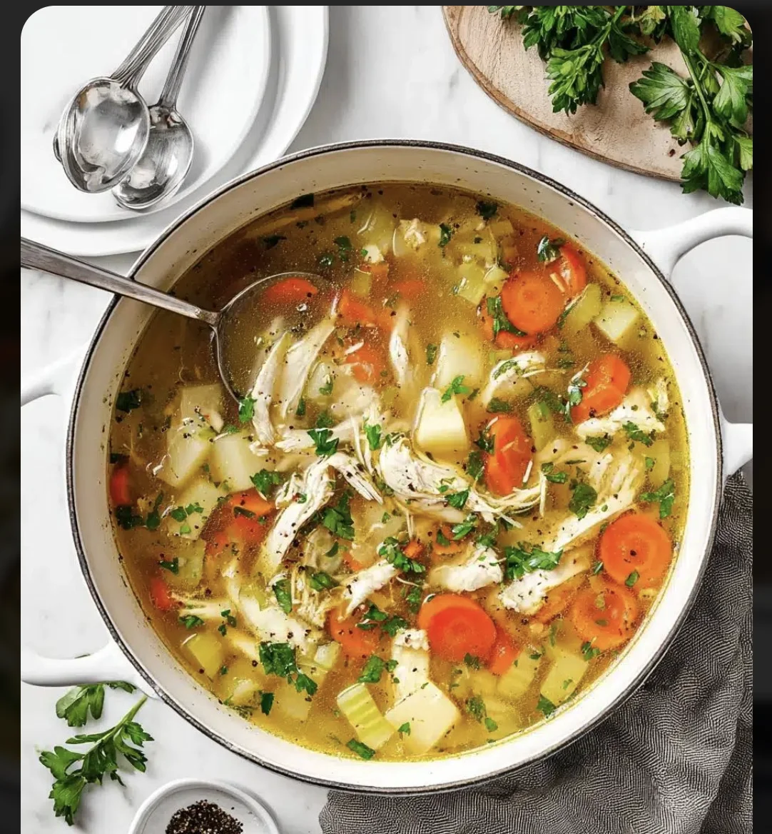 A bowl of chicken soup filled with vegetables including carrots and potatoes, garnished with fresh herbs.