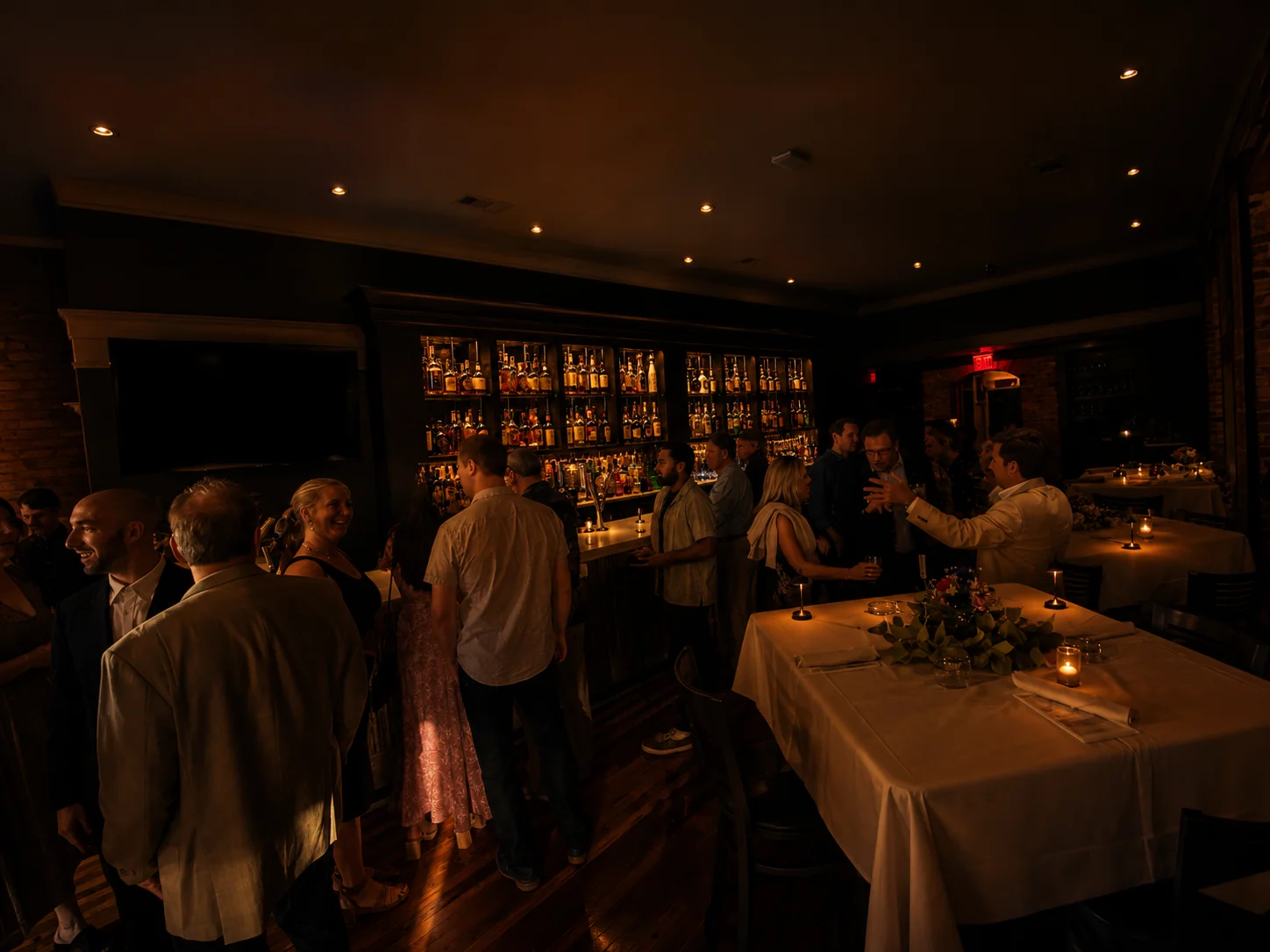 Cozy restaurant interior with warm lighting and a lively atmosphere