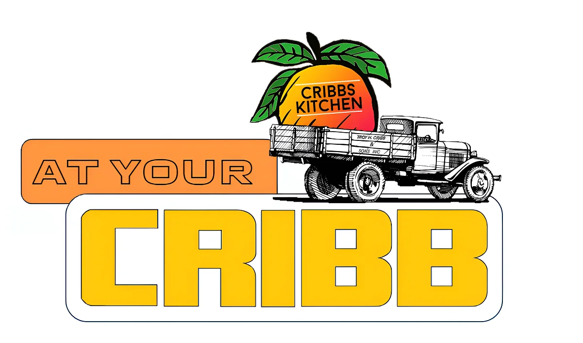 Logo of Cribbs Kitchen featuring a vintage truck and peach illustration