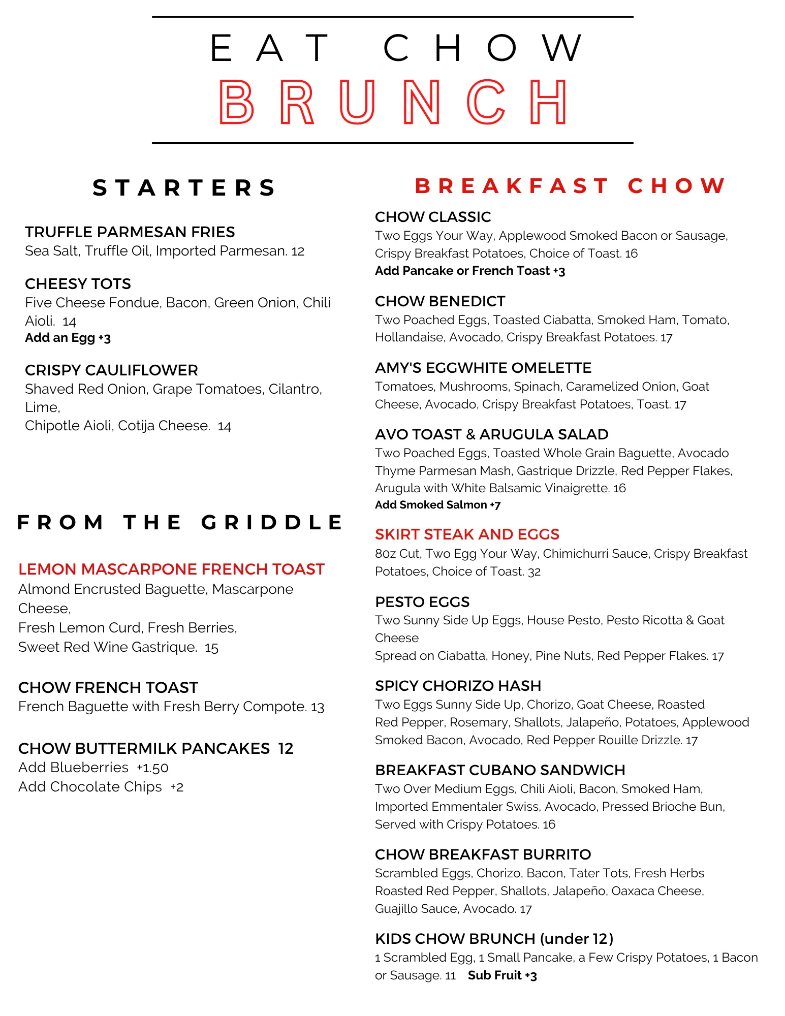 Brunch menu featuring diverse breakfast dishes and starters