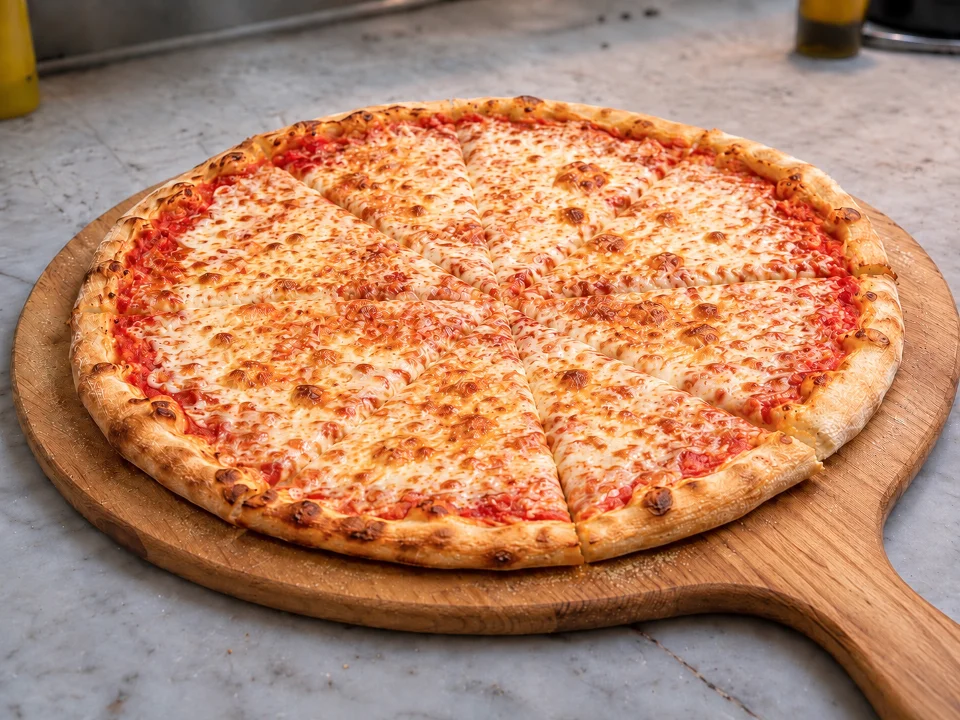 A freshly baked cheese pizza sliced into wedges, resting on a wooden pizza peel with a golden crust.