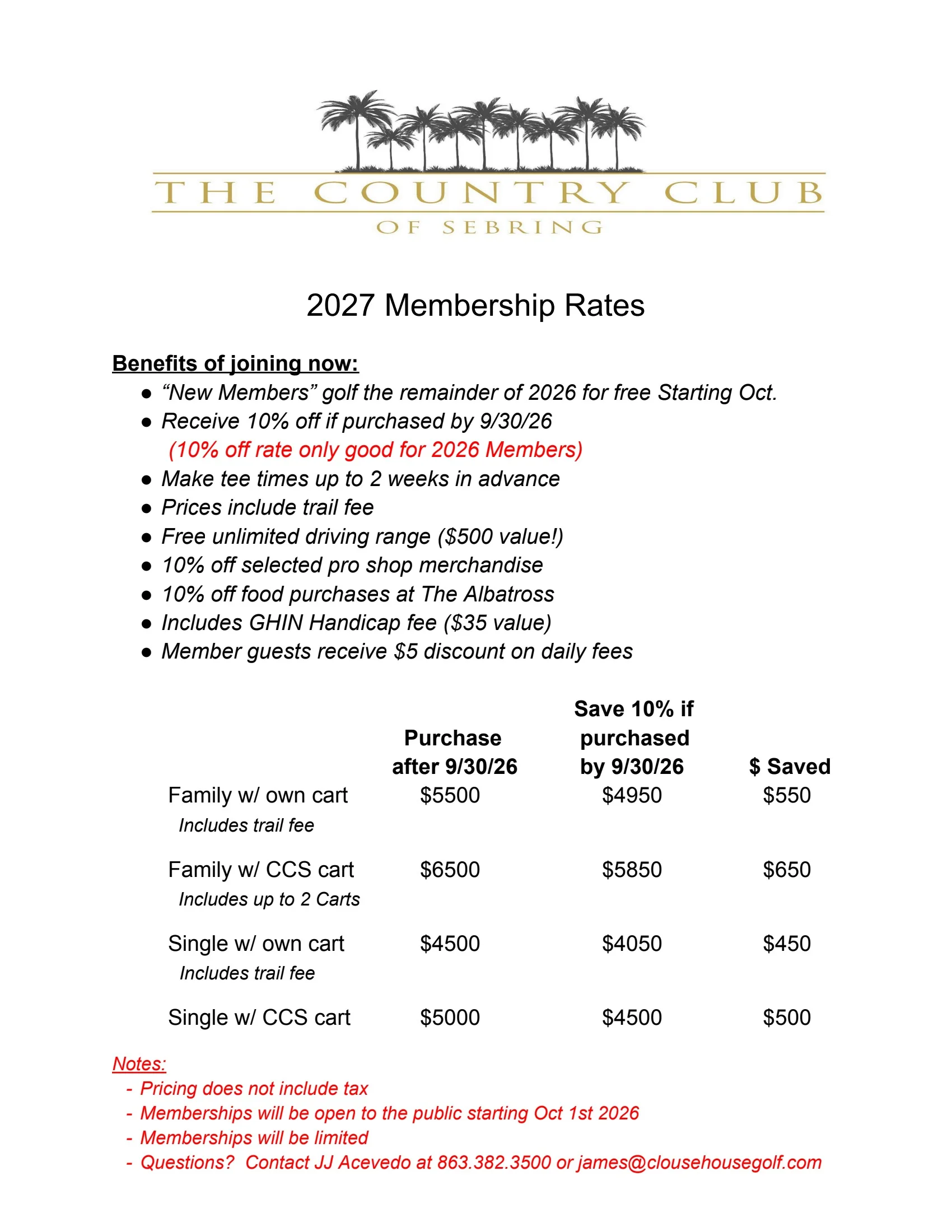 2027 membership rates and benefits at The Country Club of Sebring