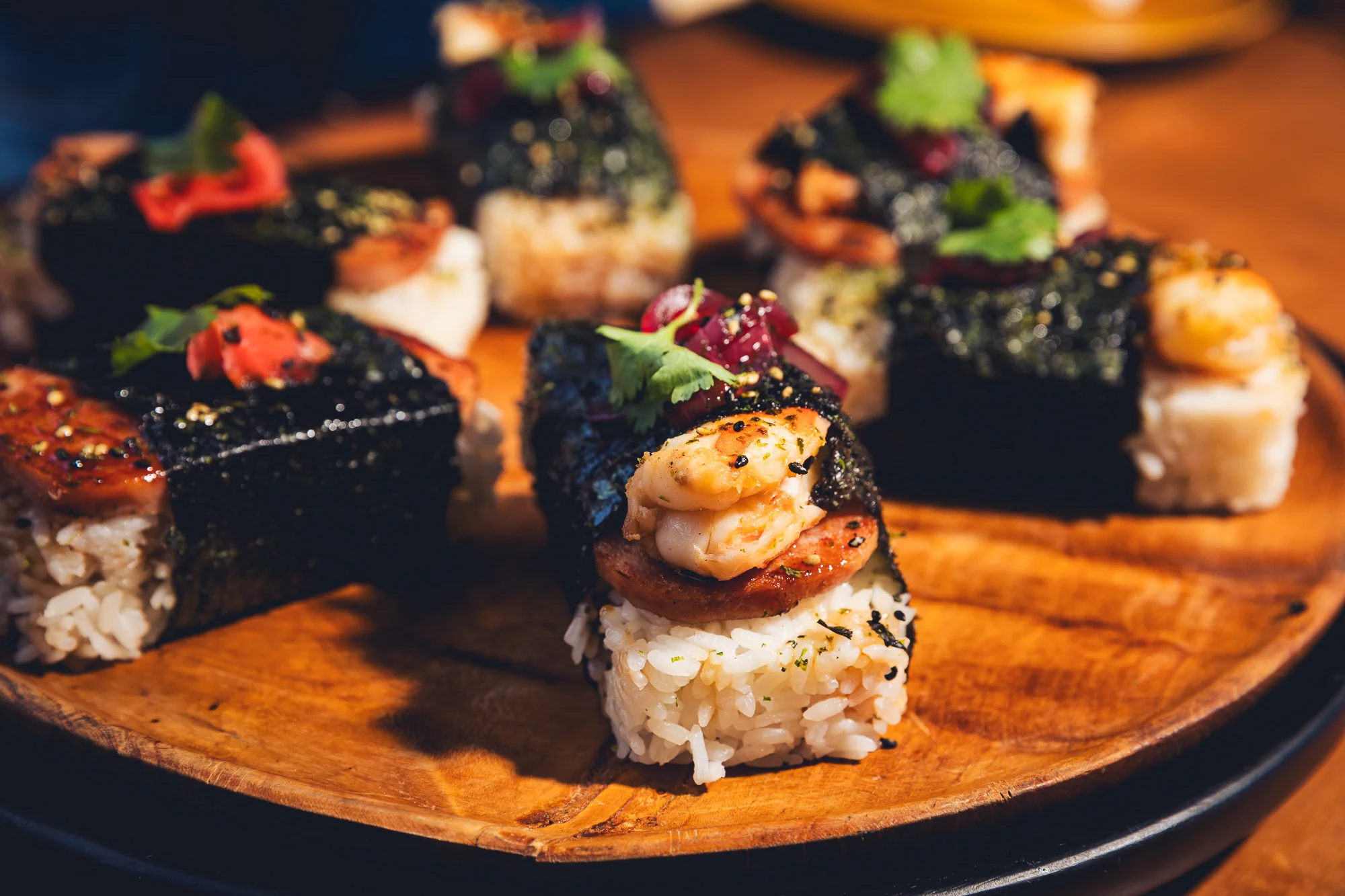 Japanese sushi rolls with shrimp and seaweed