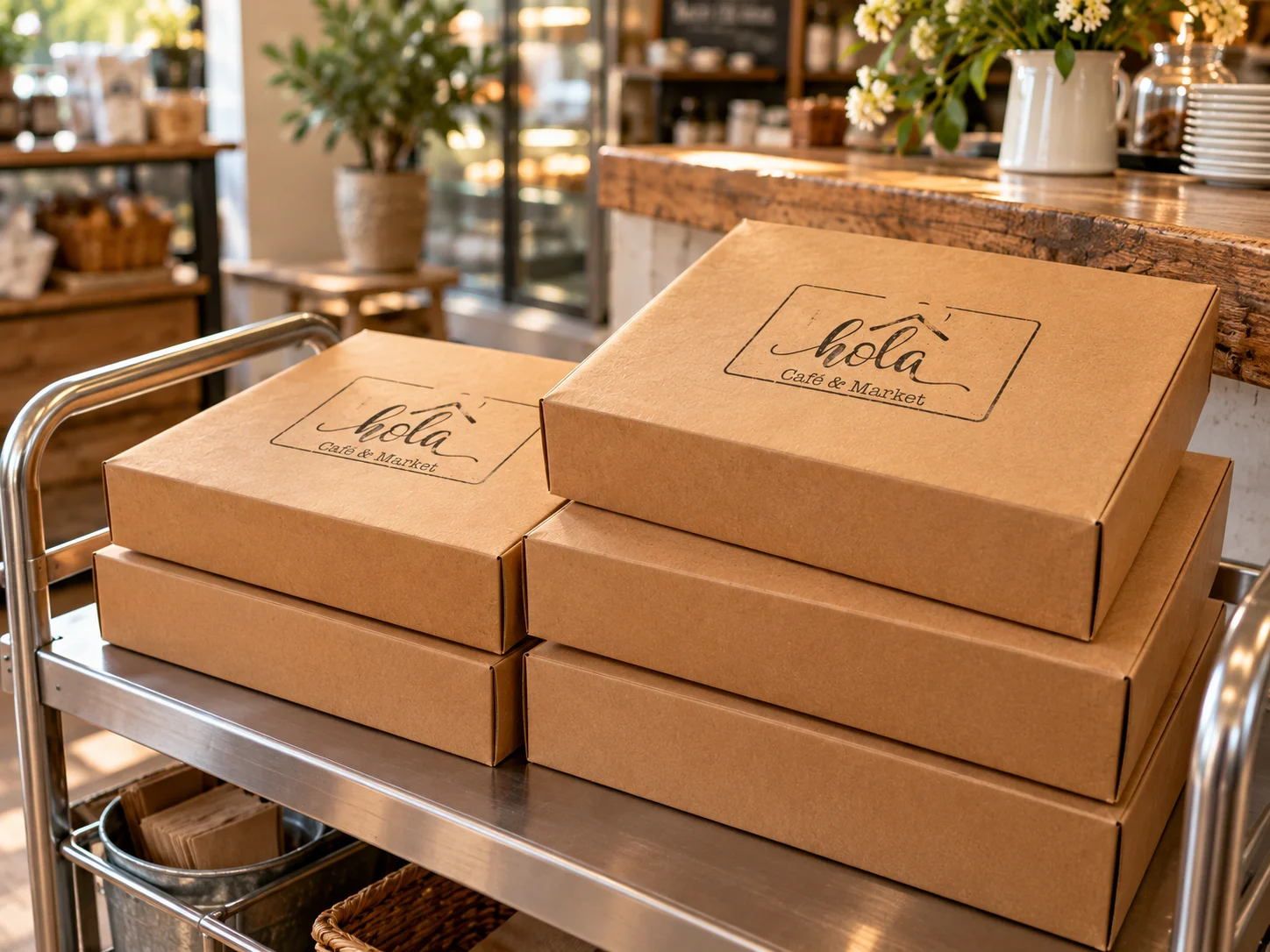 Branded café takeaway boxes on a service cart in a warm restaurant interior