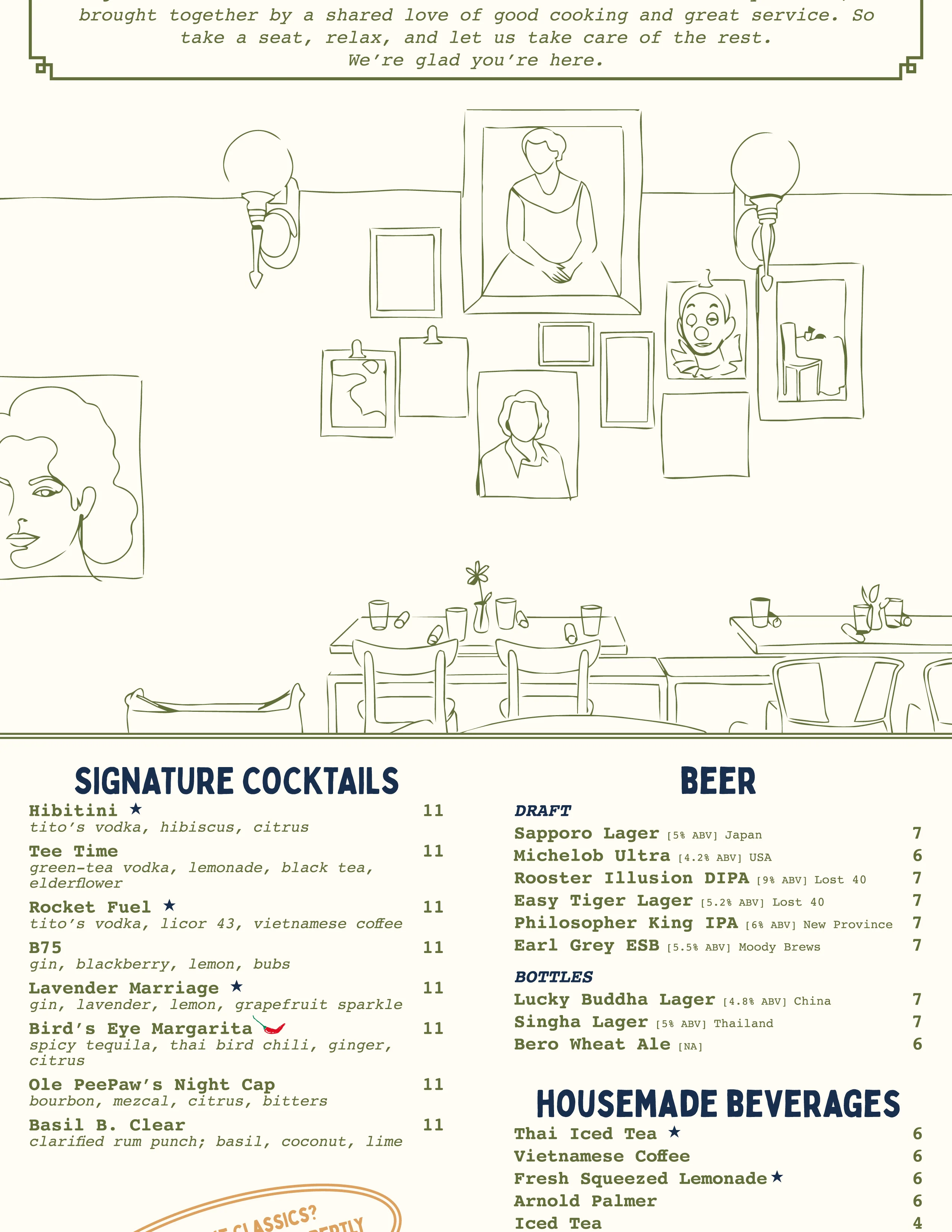 Modern American bistro menu featuring diverse dishes and specialties