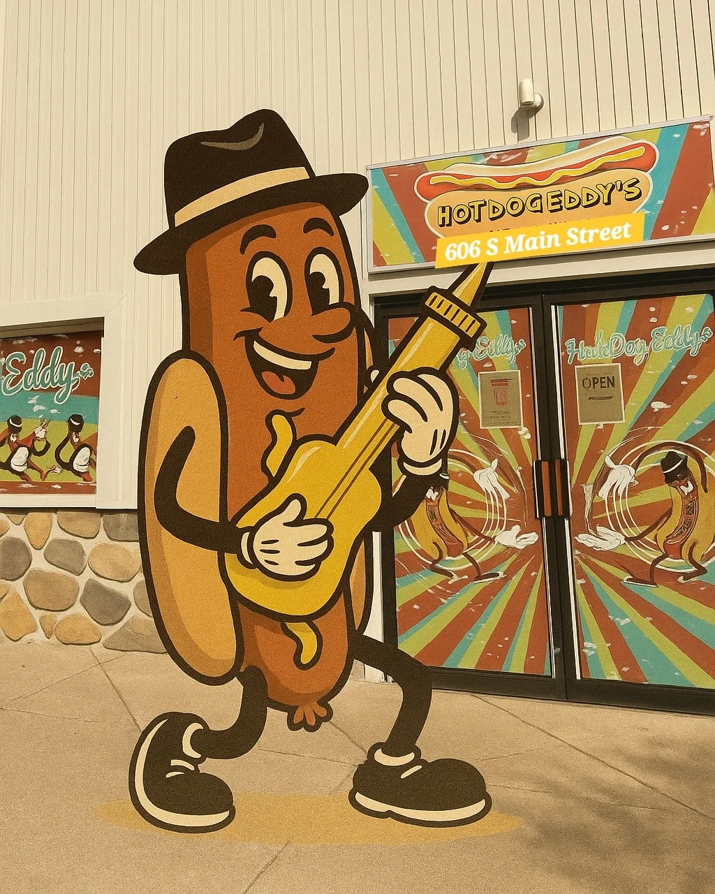 Cartoon hot dog character playing guitar outside a restaurant