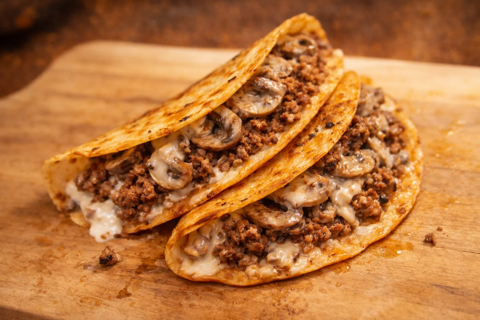 Delicious beef and mushroom tacos on a wooden board