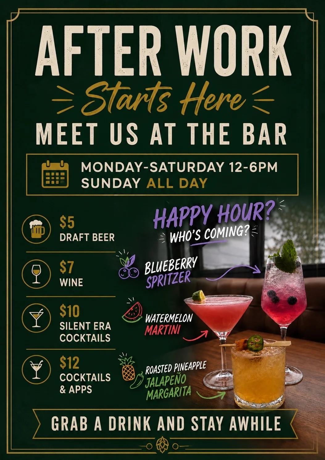 Colorful cocktails at a bar during happy hour