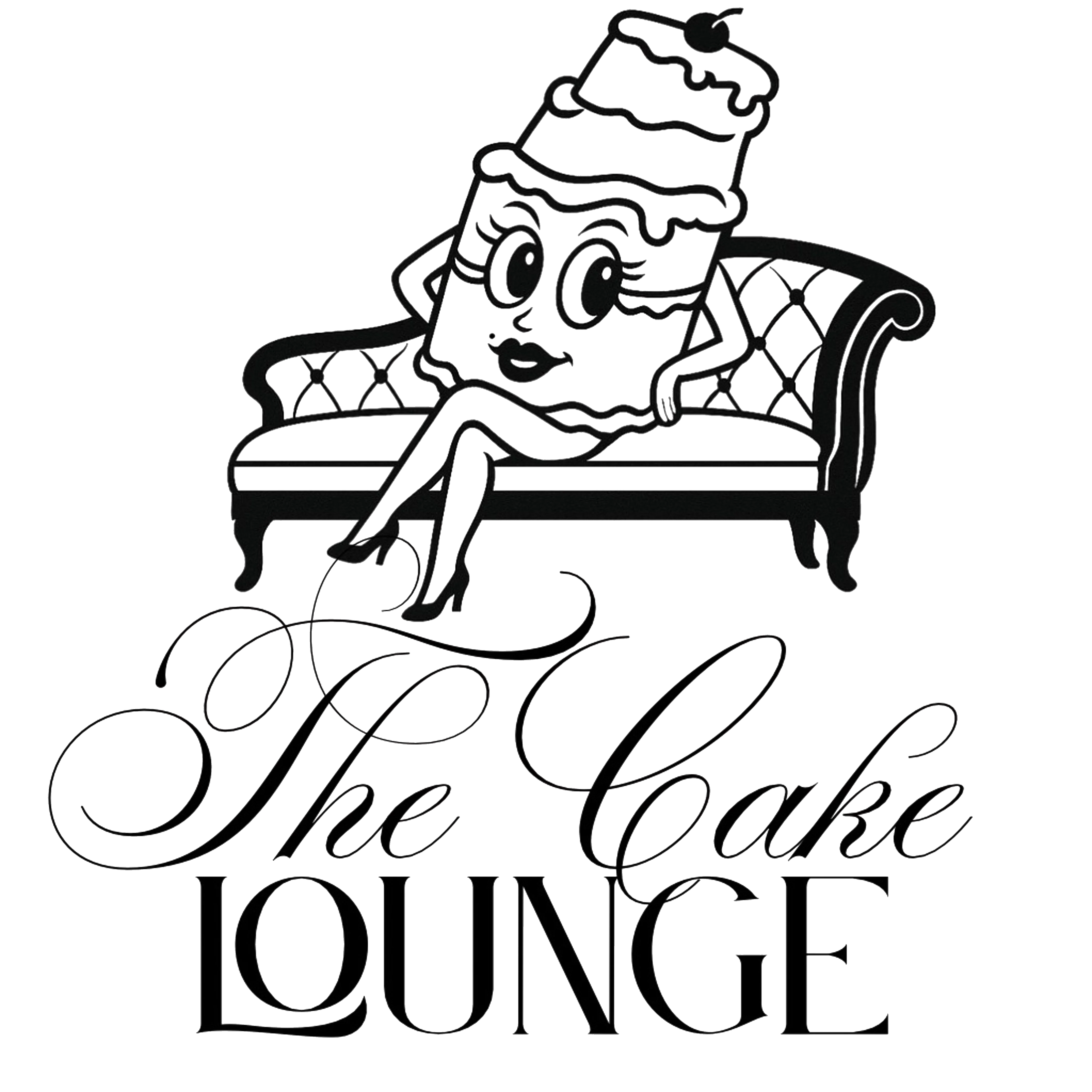 A stylized illustration of a cake character lounging on a sofa, featuring an artistic logo design for The Cake Lounge.